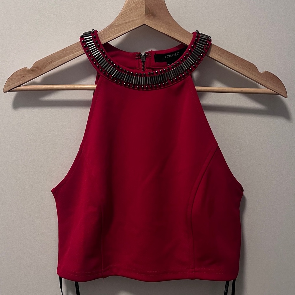 Red Halter Top with Embellished Neckline